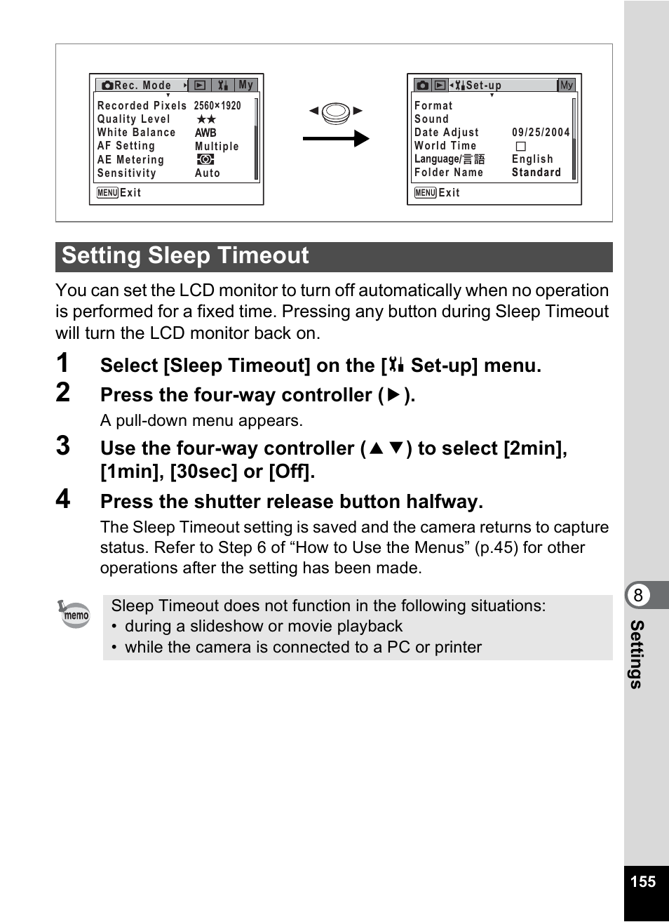 Setting sleep timeout, P.155, Select [sleep timeout] on the [ u set-up] menu | Press the four-way controller ( 5 ), Press the shutter release button halfway | Pentax Optio X User Manual | Page 157 / 184