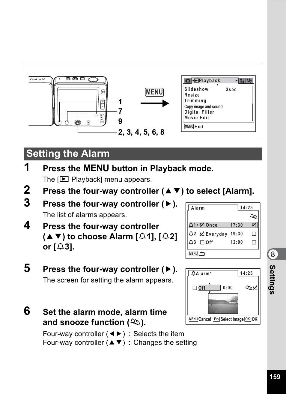 Setting the alarm, Press the 3 button in playback mode, Press the four-way controller ( 5 ) | Pentax Optio X User Manual | Page 161 / 184