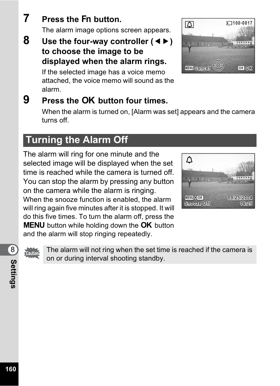 Turning the alarm off, Press the { button, Press the 4 button four times | 8settin g s | Pentax Optio X User Manual | Page 162 / 184