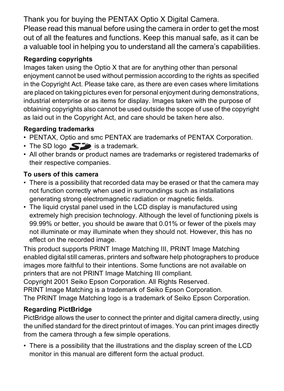 Pentax Optio X User Manual | Page 2 / 184