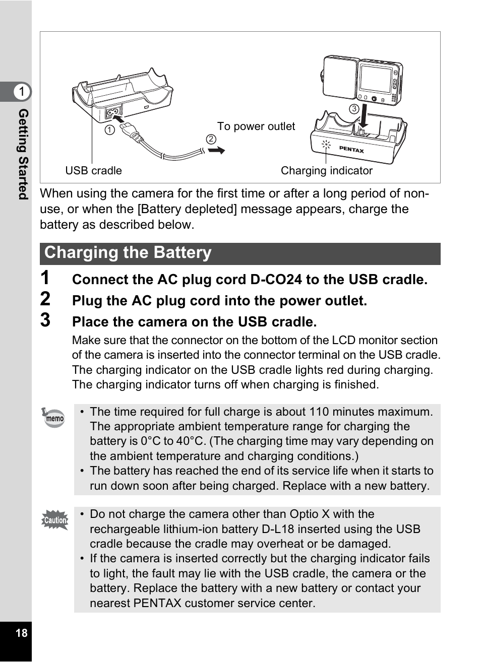 Charging the battery | Pentax Optio X User Manual | Page 20 / 184
