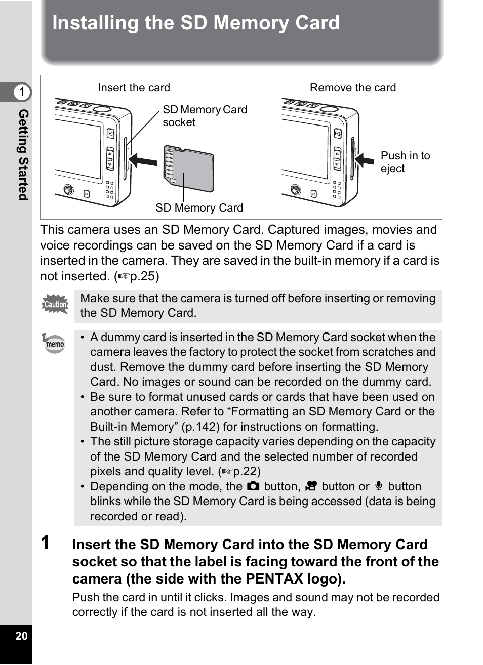 Installing the sd memory card | Pentax Optio X User Manual | Page 22 / 184