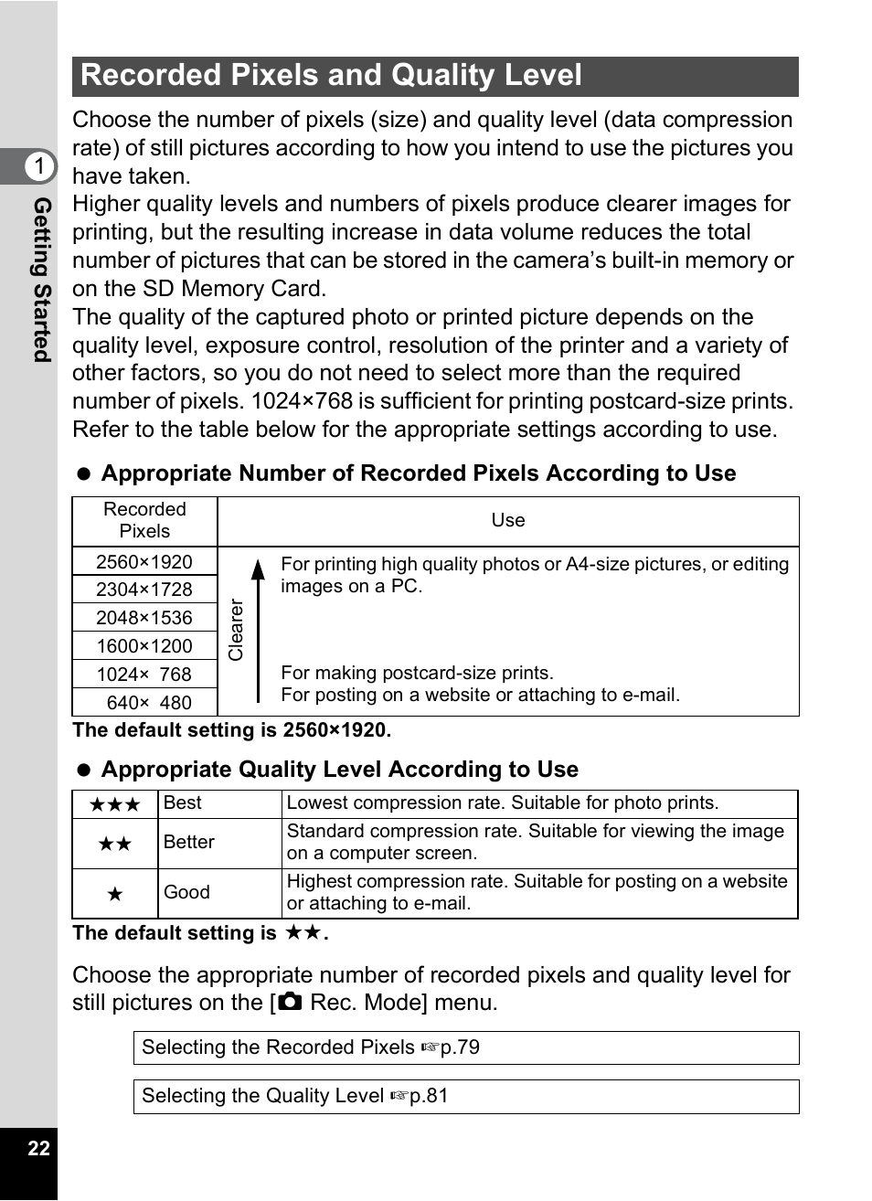 Recorded pixels and quality level | Pentax Optio X User Manual | Page 24 / 184