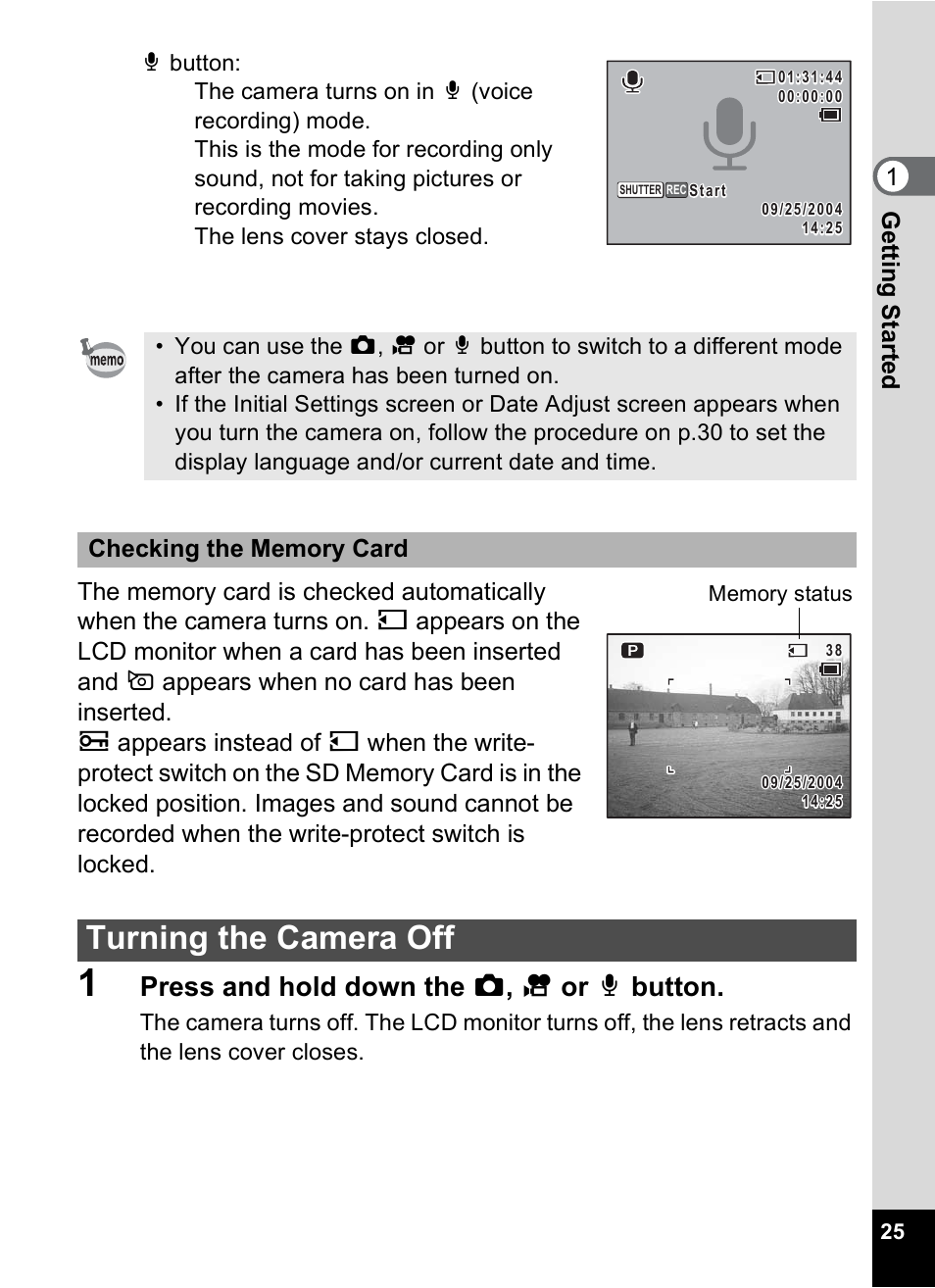 Turning the camera off, P.25), Press and hold down the a , c or o button | 1gettin g sta rte d | Pentax Optio X User Manual | Page 27 / 184