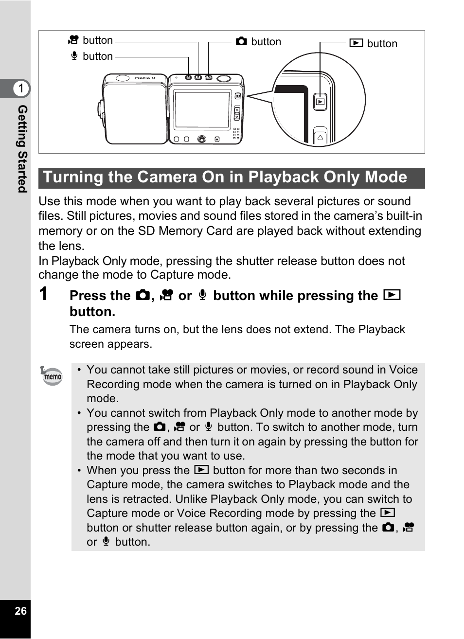 Turning the camera on in playback only mode | Pentax Optio X User Manual | Page 28 / 184