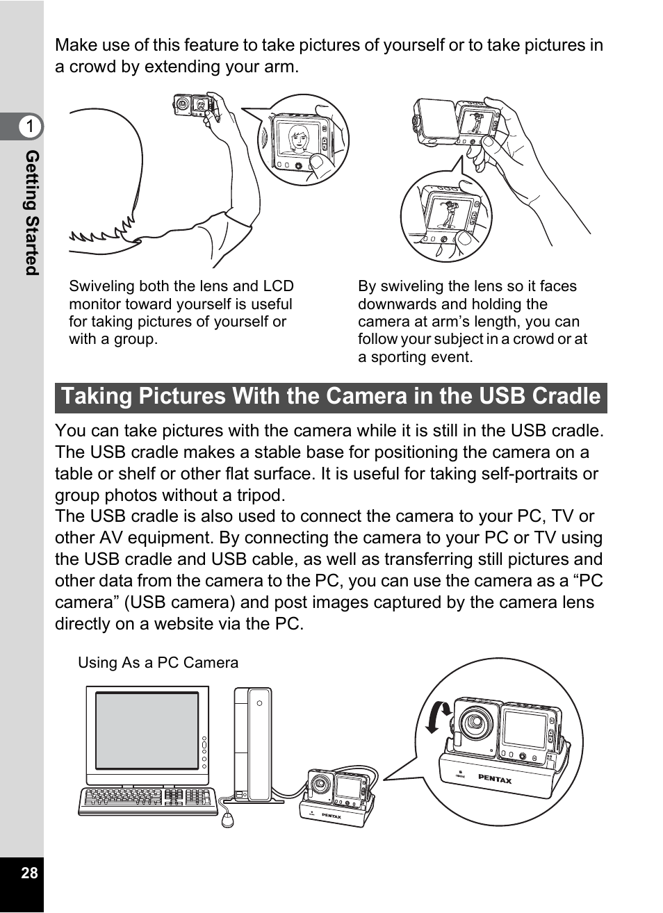 Taking pictures with the camera in the usb cradle | Pentax Optio X User Manual | Page 30 / 184