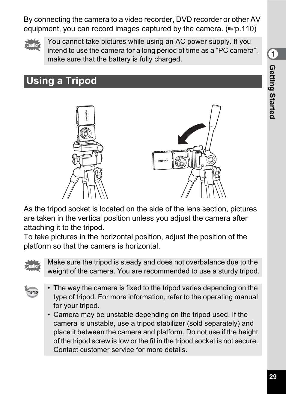 Using a tripod | Pentax Optio X User Manual | Page 31 / 184