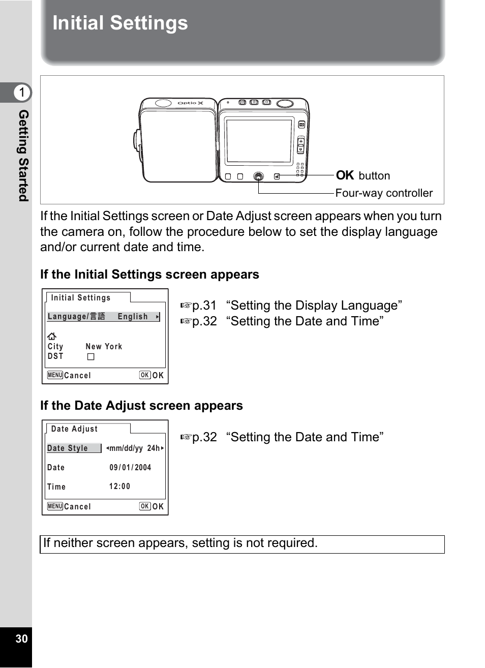 Initial settings, 1gettin g sta rte d | Pentax Optio X User Manual | Page 32 / 184