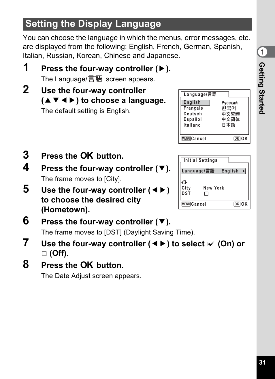 Setting the display language | Pentax Optio X User Manual | Page 33 / 184