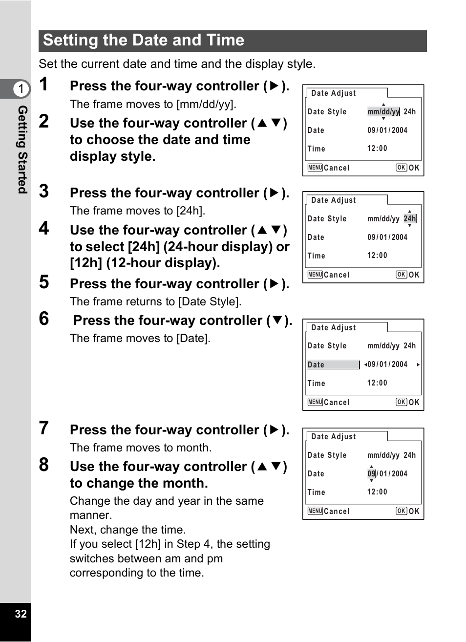 Setting the date and time, P.32), Press the four-way controller ( 5 ) | Press the four-way controller ( 3 ) | Pentax Optio X User Manual | Page 34 / 184