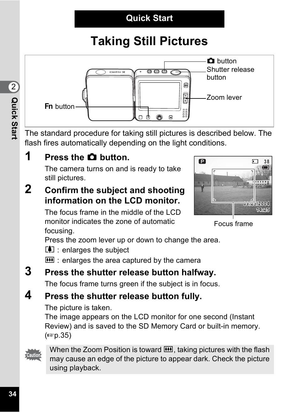 Quick start, Taking still pictures, P.34 | Pentax Optio X User Manual | Page 36 / 184