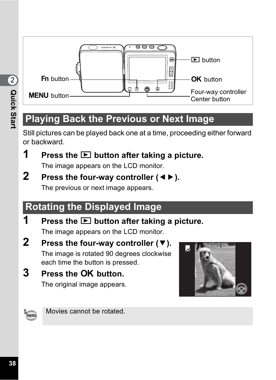 Playing back the previous or next image, Rotating the displayed image | Pentax Optio X User Manual | Page 40 / 184