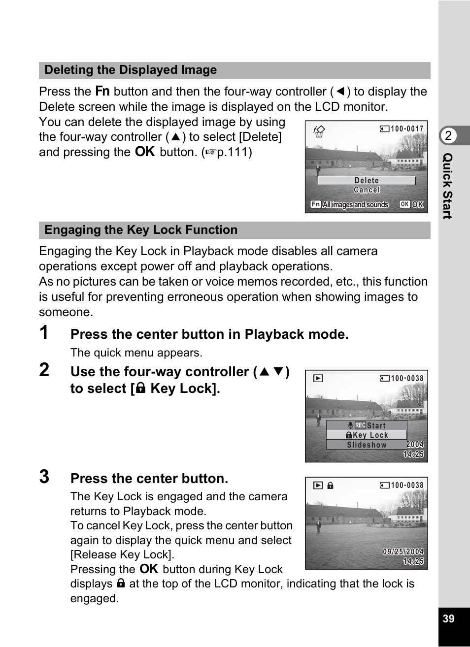 Press the center button in playback mode, Press the center button, The quick menu appears | Pentax Optio X User Manual | Page 41 / 184