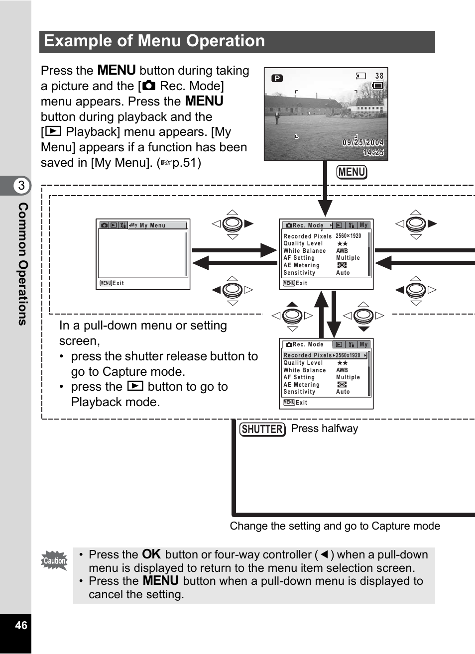 Example of menu operation, 3com m on o p erati ons, Menu shutter | Pentax Optio X User Manual | Page 48 / 184