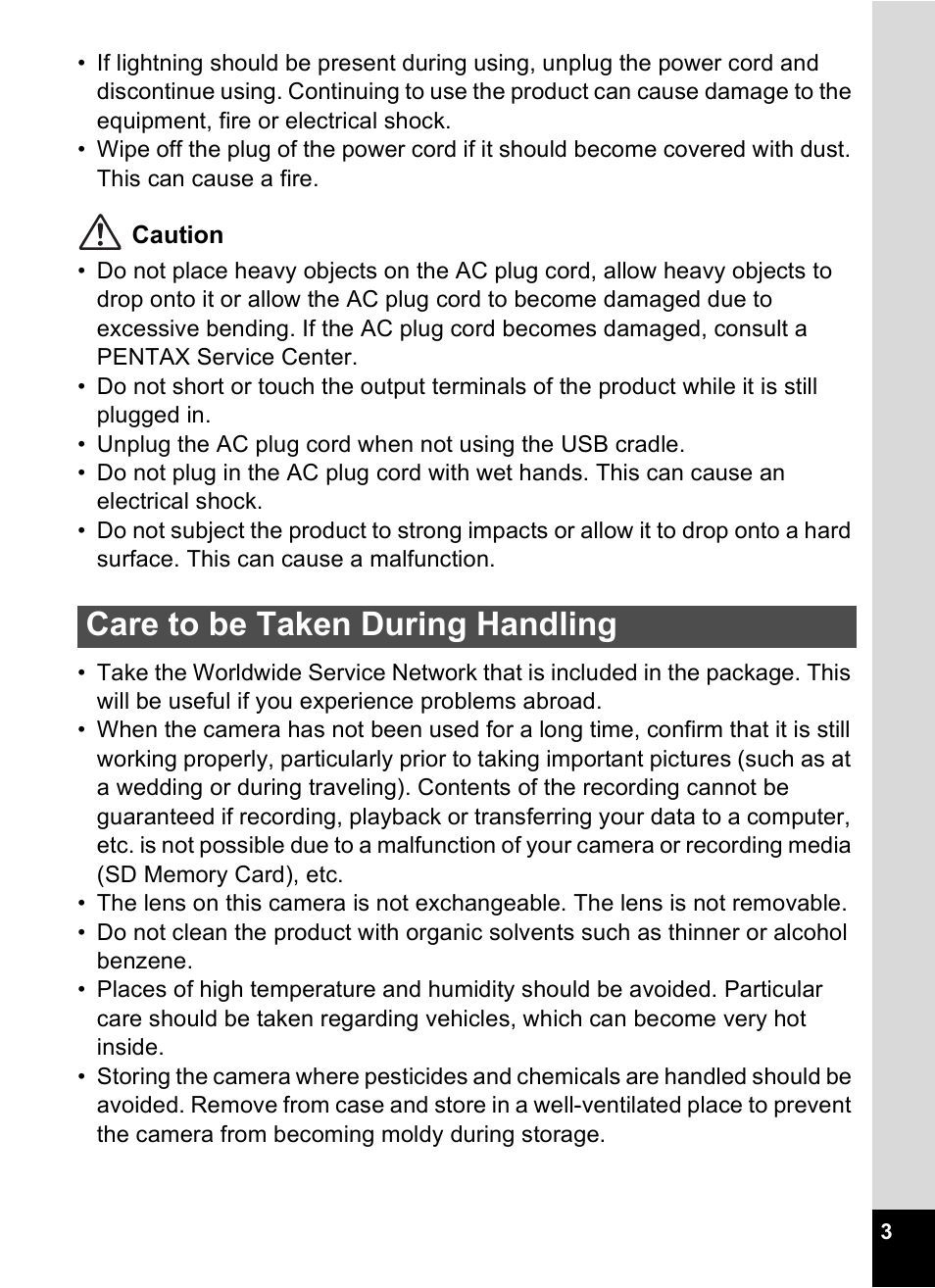 Care to be taken during handling | Pentax Optio X User Manual | Page 5 / 184