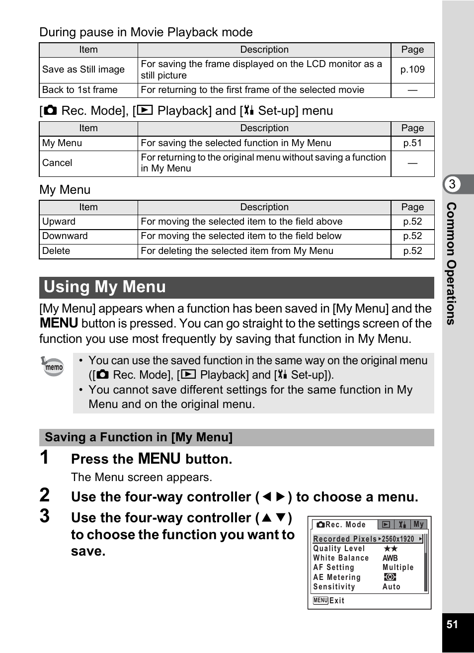 Using my menu, Press the 3 button, Saving a function in [my menu | Pentax Optio X User Manual | Page 53 / 184