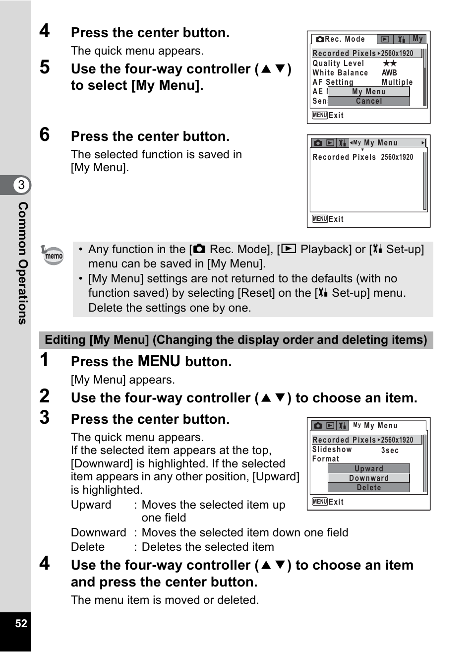 P.52, Press the center button, Press the 3 button | Pentax Optio X User Manual | Page 54 / 184