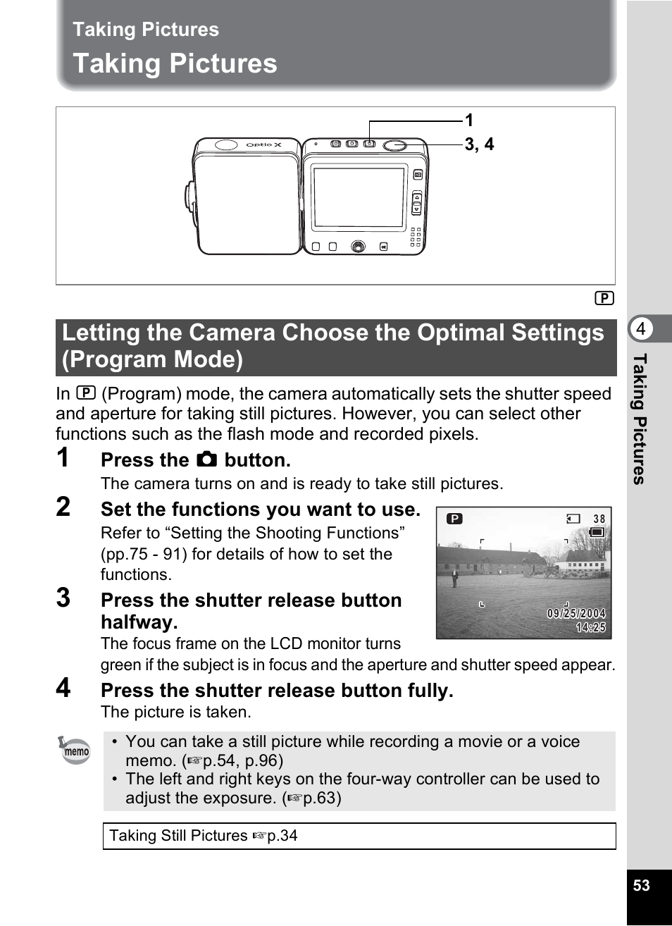 Taking pictures, Letting the camera choose the optimal settings, Program mode) | Pentax Optio X User Manual | Page 55 / 184