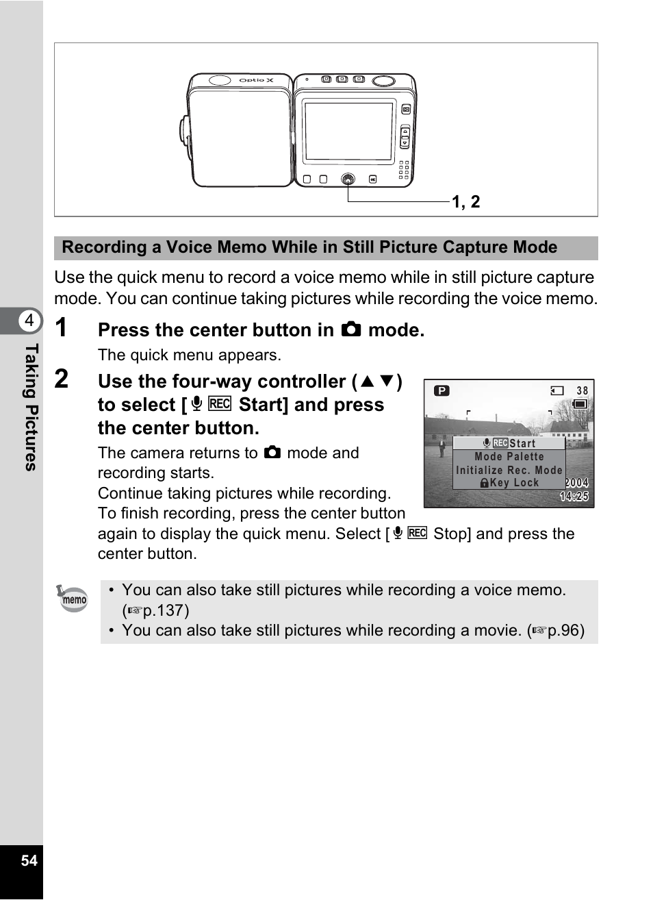 P.54, Press the center button in a mode | Pentax Optio X User Manual | Page 56 / 184