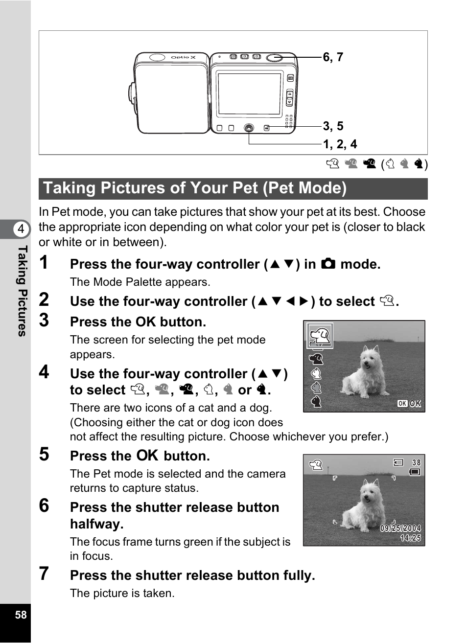 Taking pictures of your pet (pet mode) | Pentax Optio X User Manual | Page 60 / 184