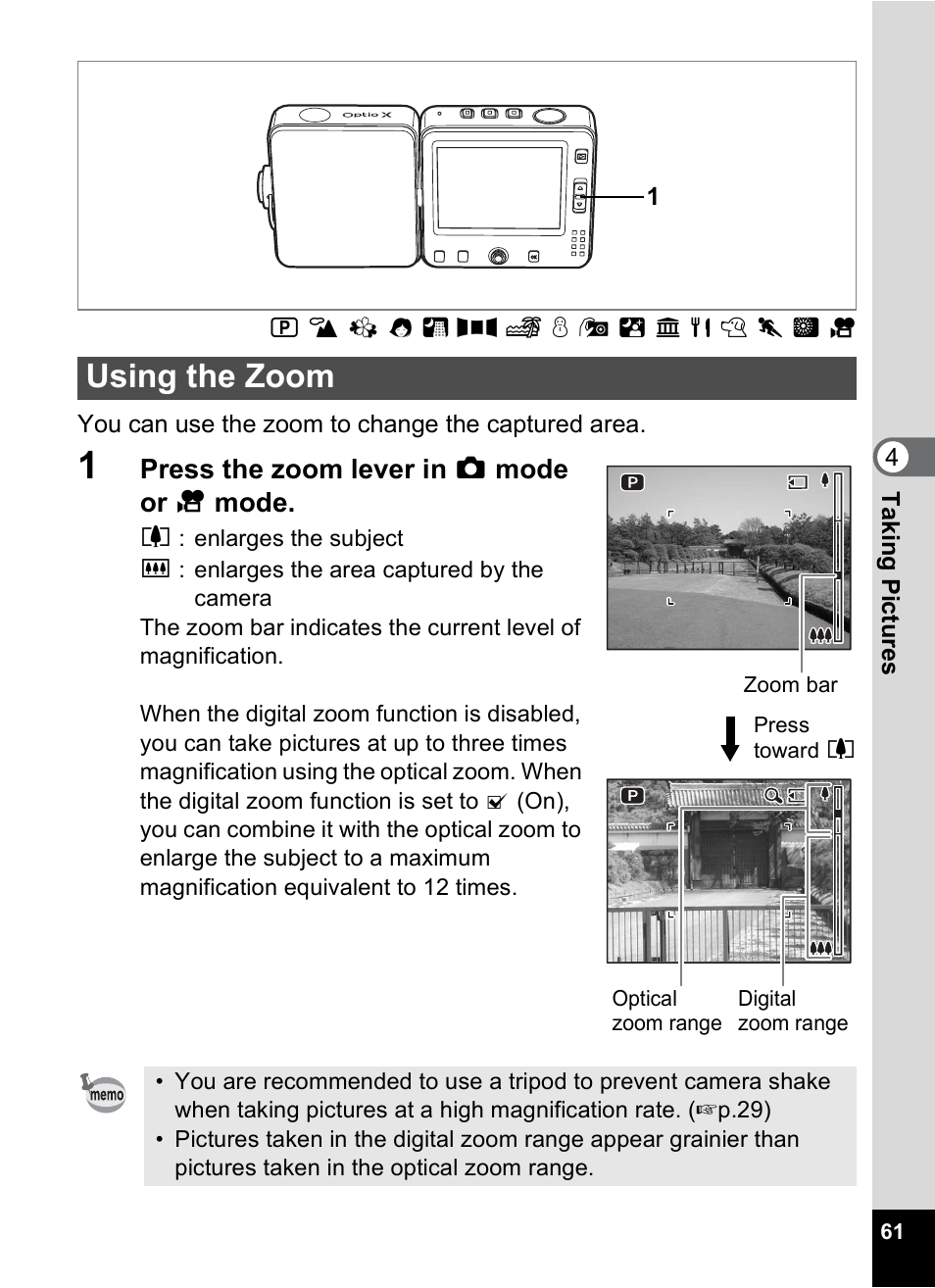 Using the zoom, P.61), P.61 | Pentax Optio X User Manual | Page 63 / 184