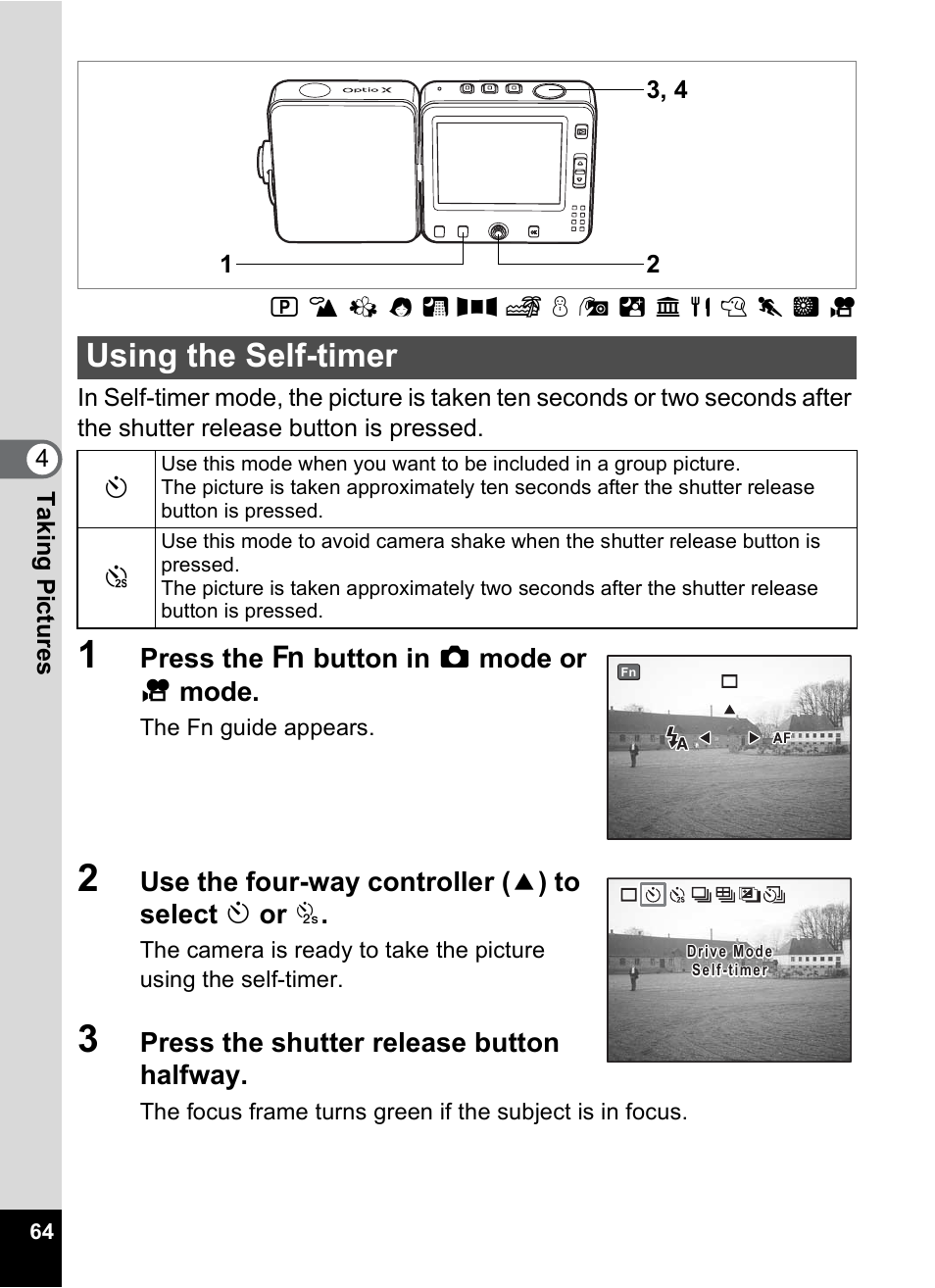 Using the self-timer, Pp.64 - 72, P.64 | Pentax Optio X User Manual | Page 66 / 184