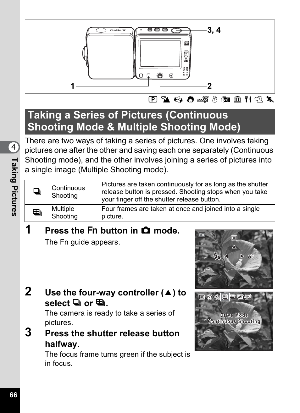 Taking a series of pictures, Continuous shooting mode & multiple shooting mode), P.66) | 1p.66 | Pentax Optio X User Manual | Page 68 / 184