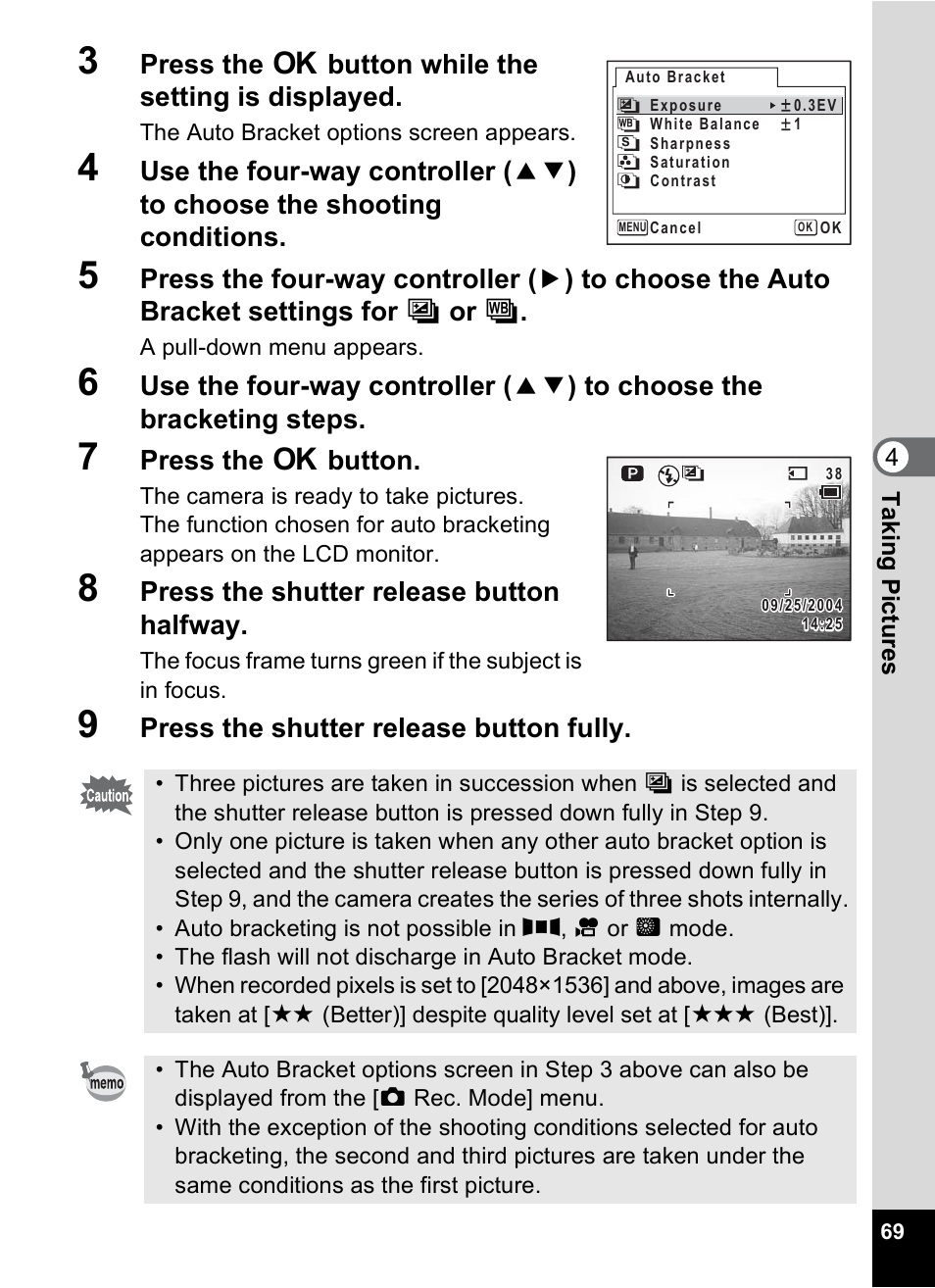 Press the 4 button while the setting is displayed, Press the 4 button, Press the shutter release button halfway | Press the shutter release button fully | Pentax Optio X User Manual | Page 71 / 184