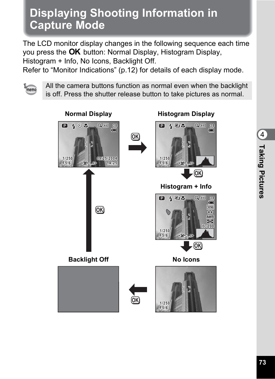 Displaying shooting information in capture mode, 1p.73), 4tak ing pi cture s | Pentax Optio X User Manual | Page 75 / 184