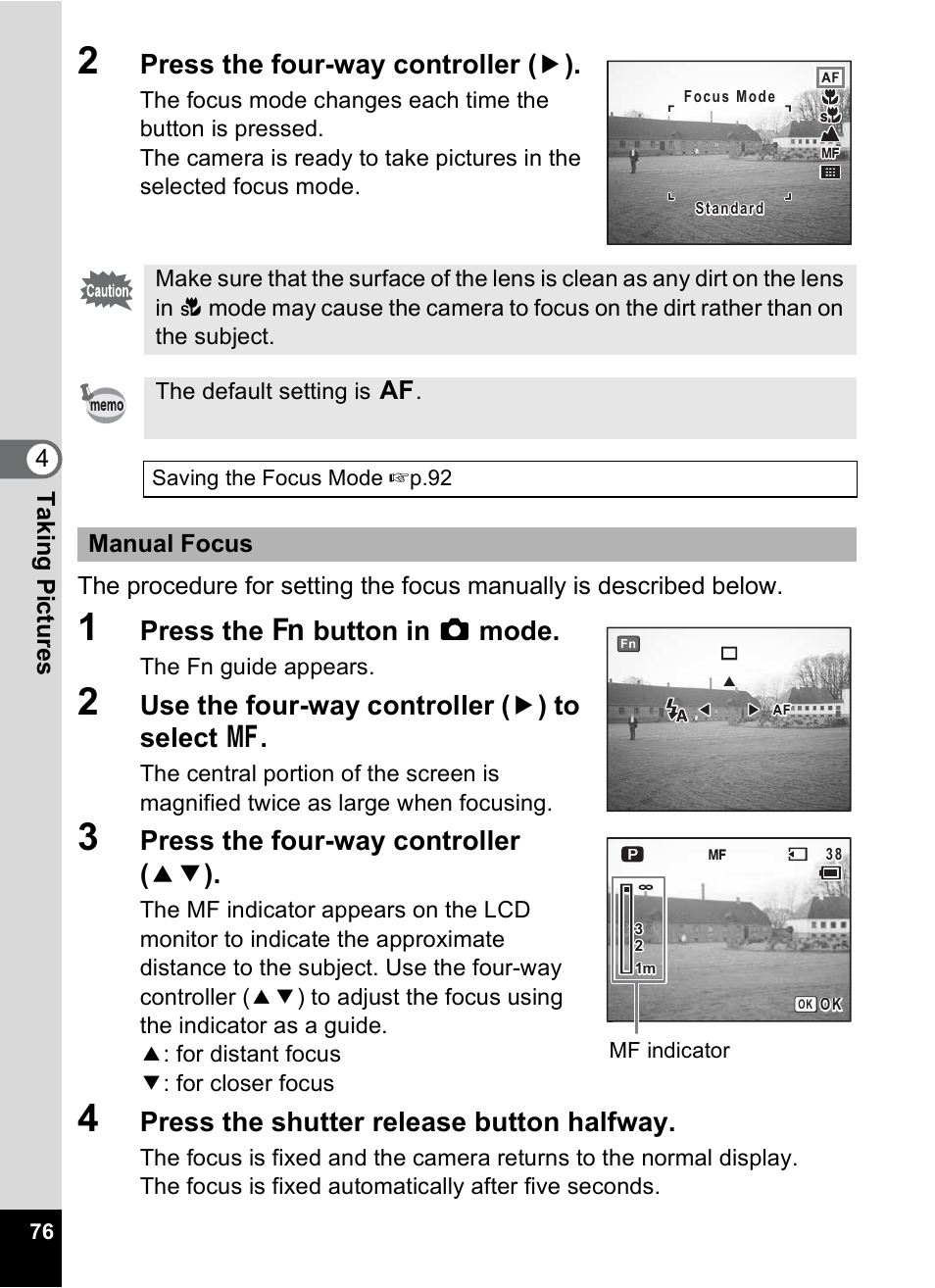 Press the four-way controller ( 5 ), Press the { button in a mode, Use the four-way controller ( 5 ) to select z | Press the four-way controller ( 23 ), Press the shutter release button halfway | Pentax Optio X User Manual | Page 78 / 184