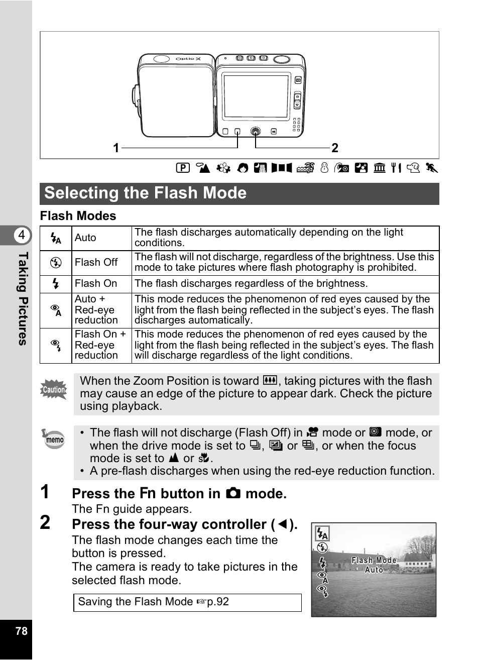 Selecting the flash mode, P.78), Press the { button in a mode | Press the four-way controller ( 4 ) | Pentax Optio X User Manual | Page 80 / 184