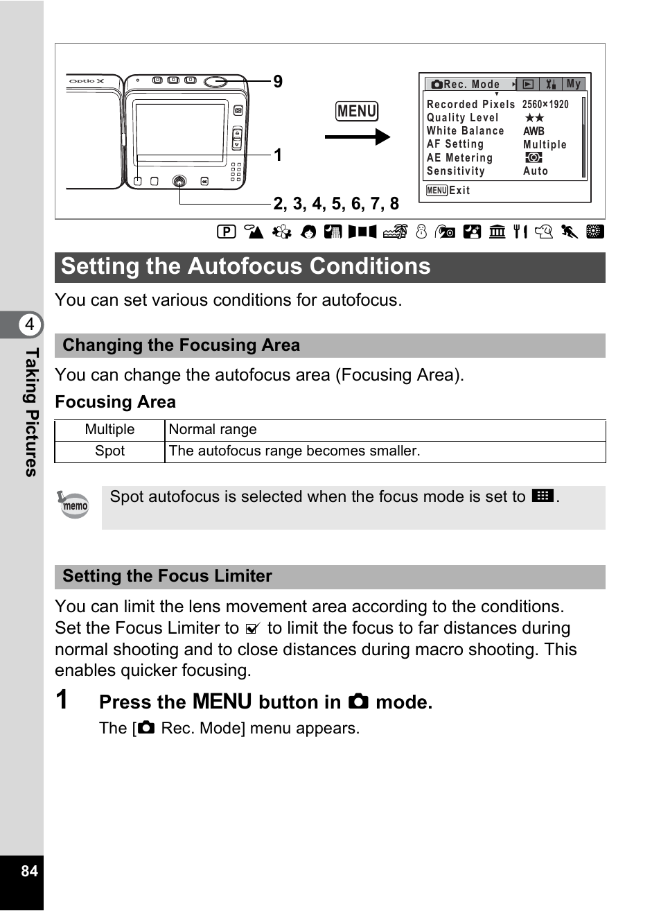 Setting the autofocus conditions, P.84, Press the 3 button in a mode | Pentax Optio X User Manual | Page 86 / 184