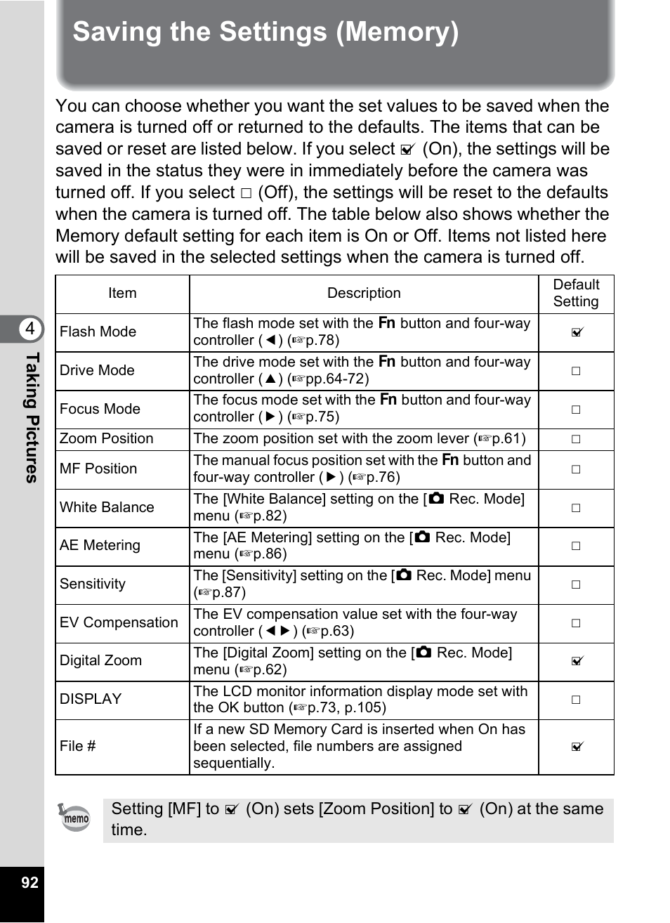 Saving the settings (memory), P.92, 4tak ing pi cture s | Pentax Optio X User Manual | Page 94 / 184