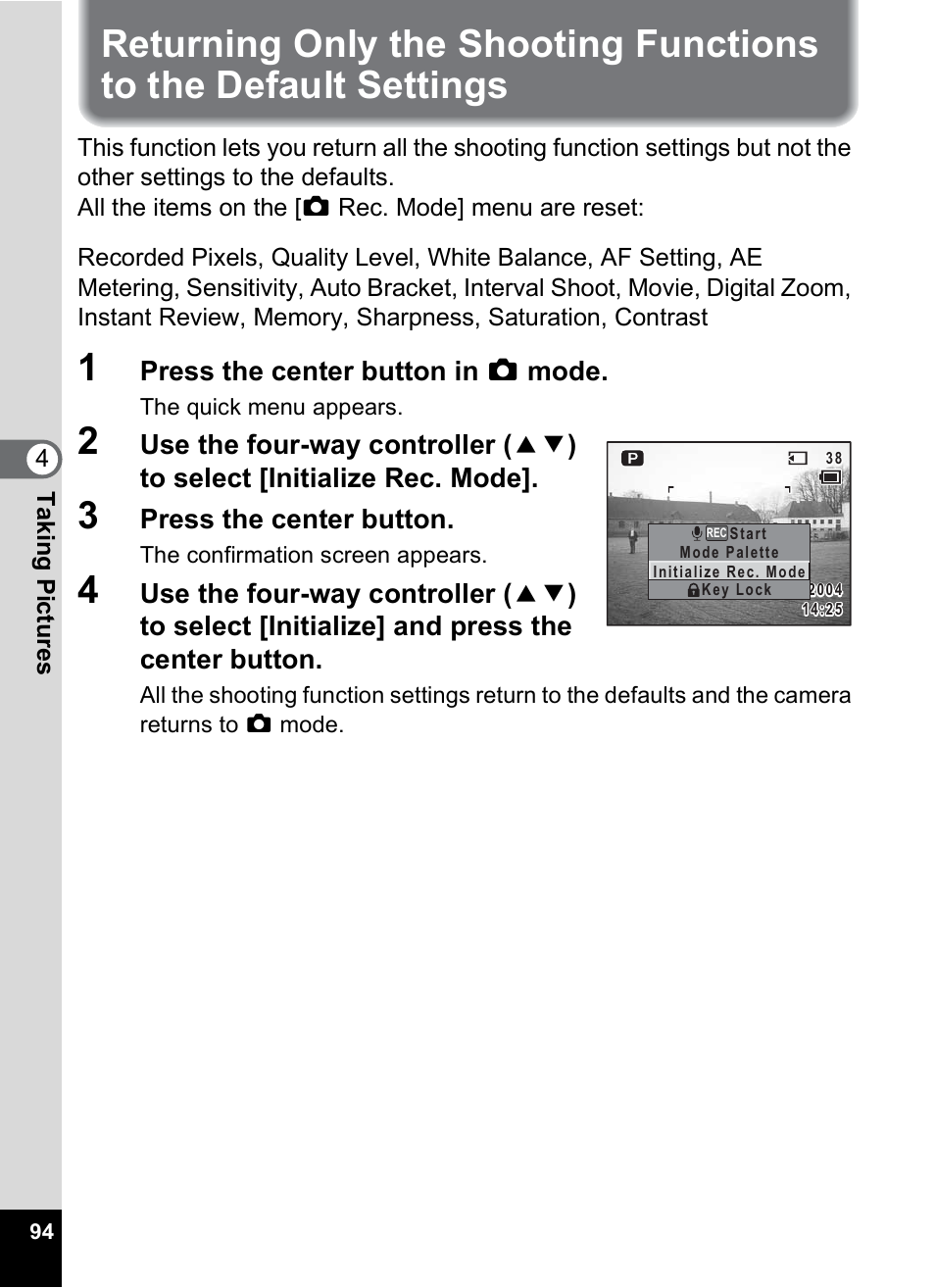 1p.94), P.94, Press the center button in a mode | Press the center button | Pentax Optio X User Manual | Page 96 / 184