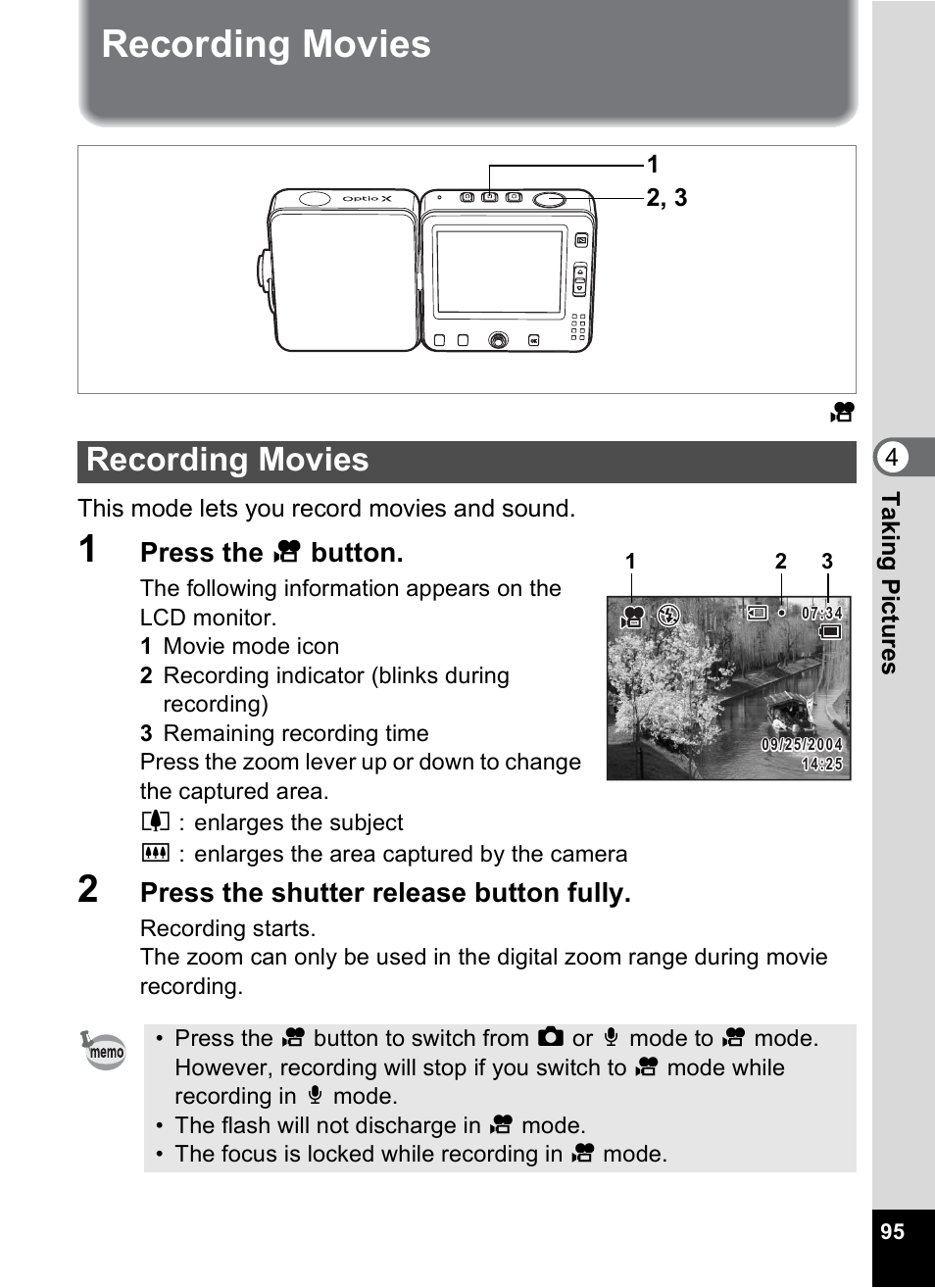 Recording movies, P.95 | Pentax Optio X User Manual | Page 97 / 184