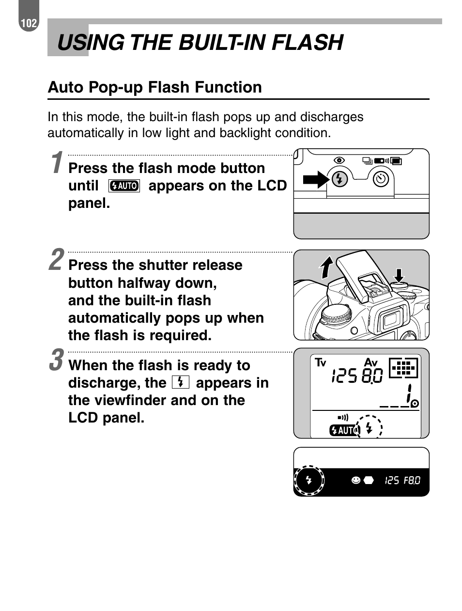 Using the built-in flash | Pentax 57233 User Manual | Page 104 / 156