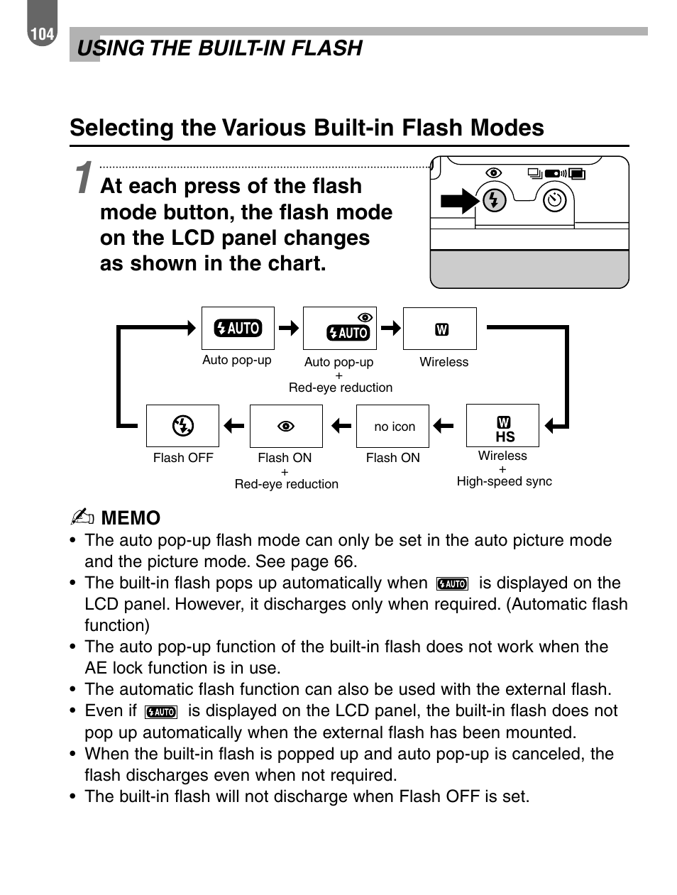 Selecting the various built-in flash modes, Using the built-in flash | Pentax 57233 User Manual | Page 106 / 156