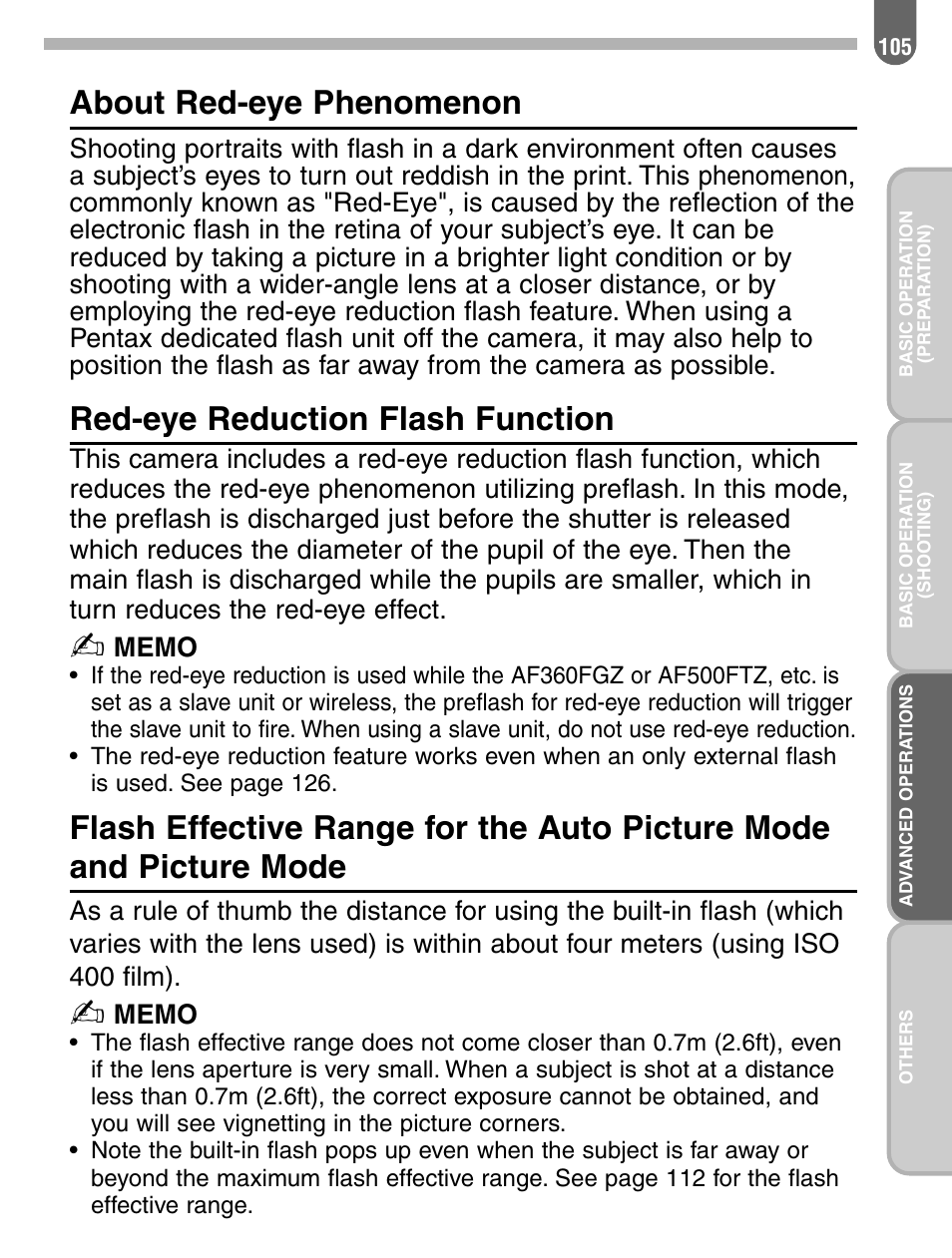 About red-eye phenomenon, Red-eye reduction flash function | Pentax 57233 User Manual | Page 107 / 156