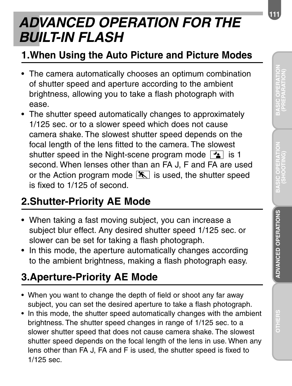 Advanced operation for the built-in flash, When using the auto picture and picture modes, Shutter-priority ae mode | Aperture-priority ae mode | Pentax 57233 User Manual | Page 113 / 156