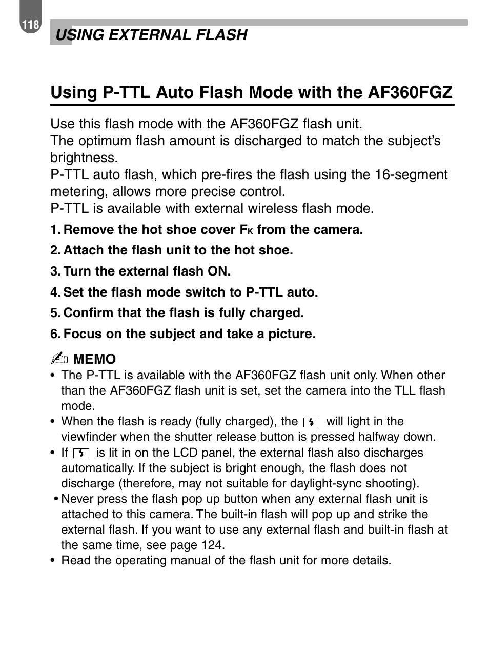 Using p-ttl auto flash mode with the af360fgz, Using external flash | Pentax 57233 User Manual | Page 120 / 156