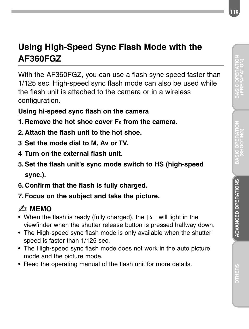 Using high-speed sync flash mode with the af360fgz | Pentax 57233 User Manual | Page 121 / 156