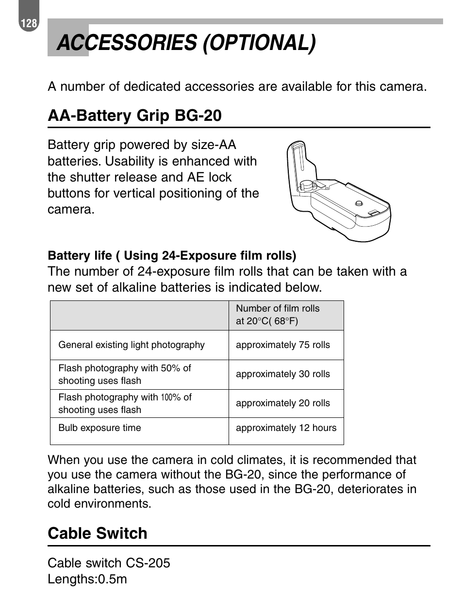 Accessories (optional), Aa-battery grip bg-20, Cable switch | Pentax 57233 User Manual | Page 130 / 156