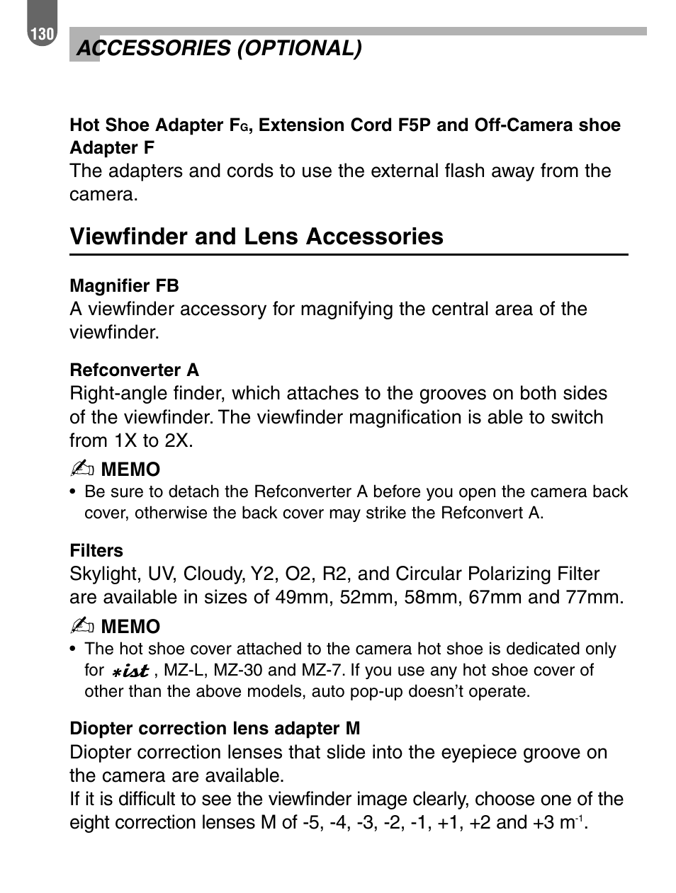 Viewfinder and lens accessories, Accessories (optional) | Pentax 57233 User Manual | Page 132 / 156