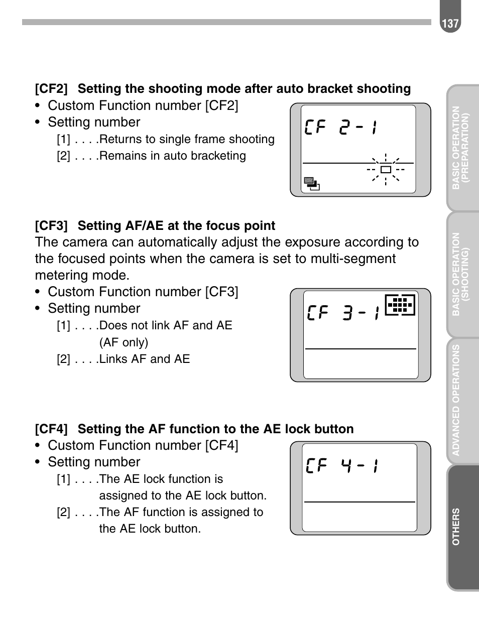 Custom function number [cf2] • setting number, Custom function number [cf4] • setting number, Cf3] setting af/ae at the focus point | Cf4] setting the af function to the ae lock button | Pentax 57233 User Manual | Page 139 / 156