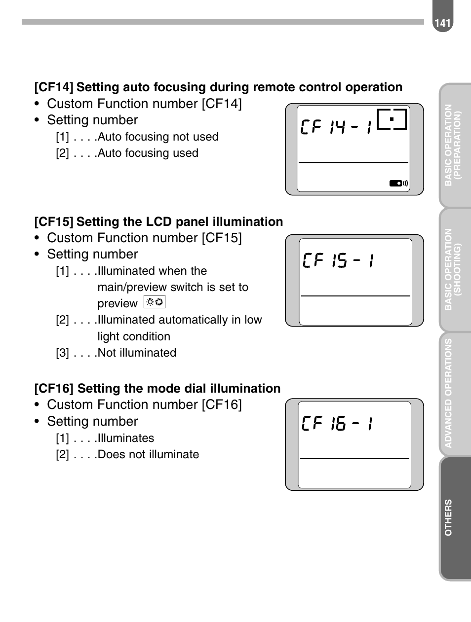 Custom function number [cf14] • setting number, Custom function number [cf15] • setting number, Custom function number [cf16] • setting number | Cf15] setting the lcd panel illumination, Cf16] setting the mode dial illumination | Pentax 57233 User Manual | Page 143 / 156
