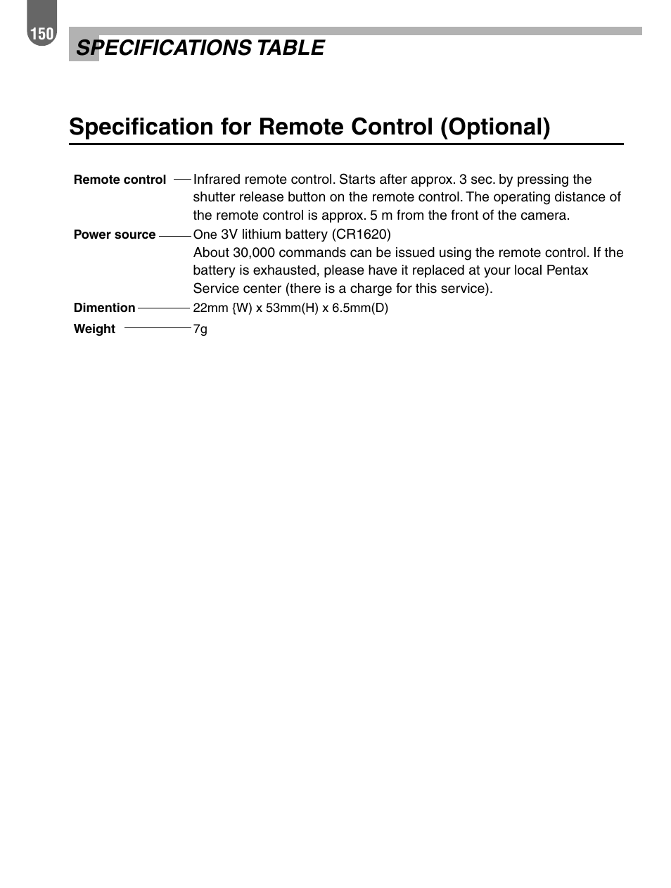Specification for remote control (optional), Specifications table | Pentax 57233 User Manual | Page 152 / 156