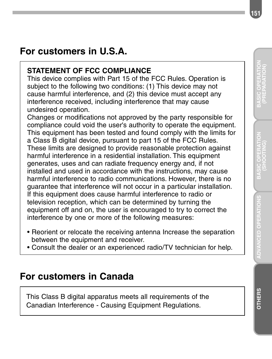 For customers in u.s.a, For customers in canada, Statement of fcc compliance | Pentax 57233 User Manual | Page 153 / 156