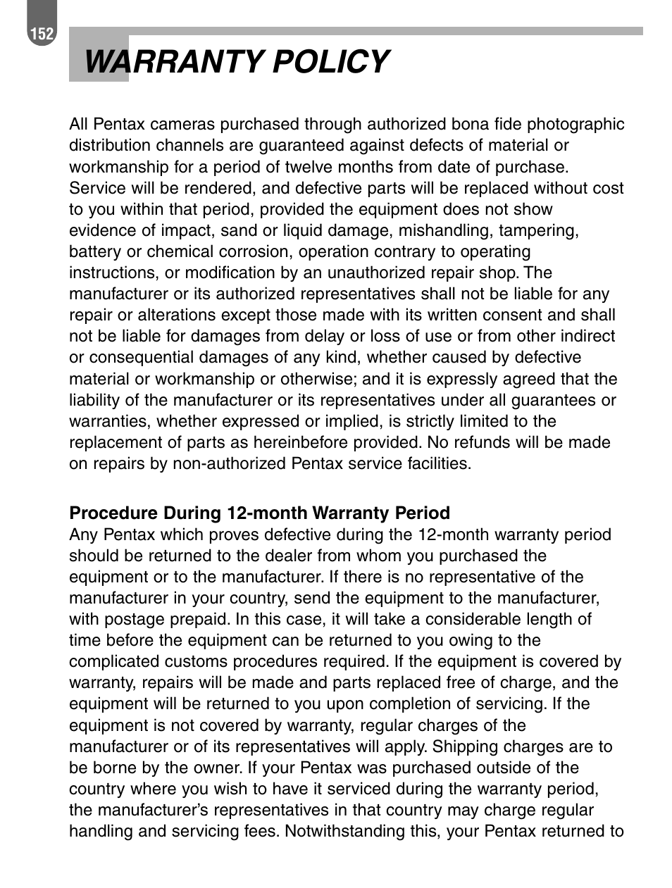 Warranty policy | Pentax 57233 User Manual | Page 154 / 156