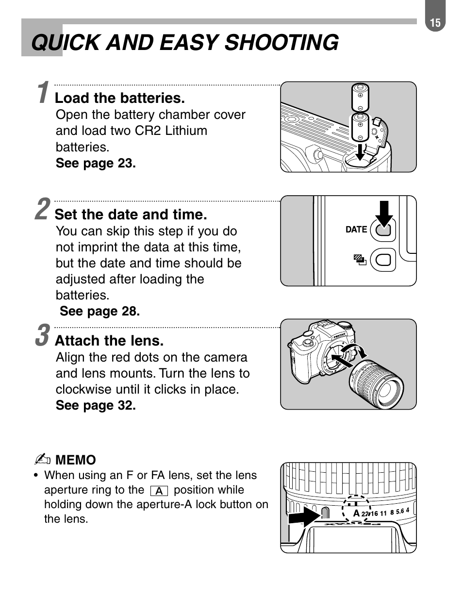 Quick and easy shooting | Pentax 57233 User Manual | Page 17 / 156