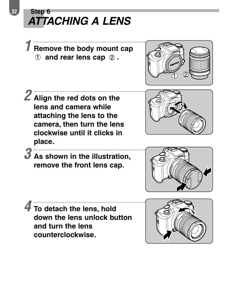 Attaching a lens | Pentax 57233 User Manual | Page 34 / 156